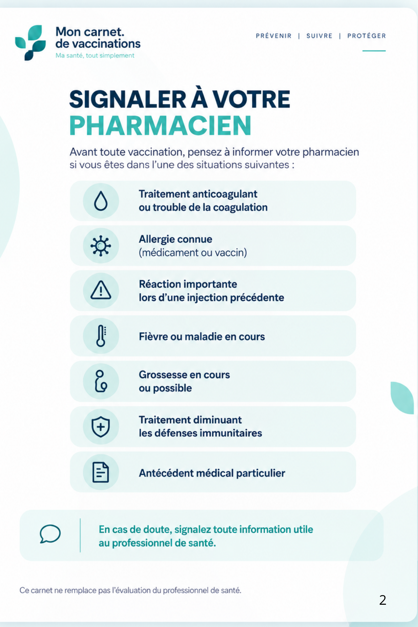 Page du guide indiquant les informations à signaler au pharmacien avant une vaccination